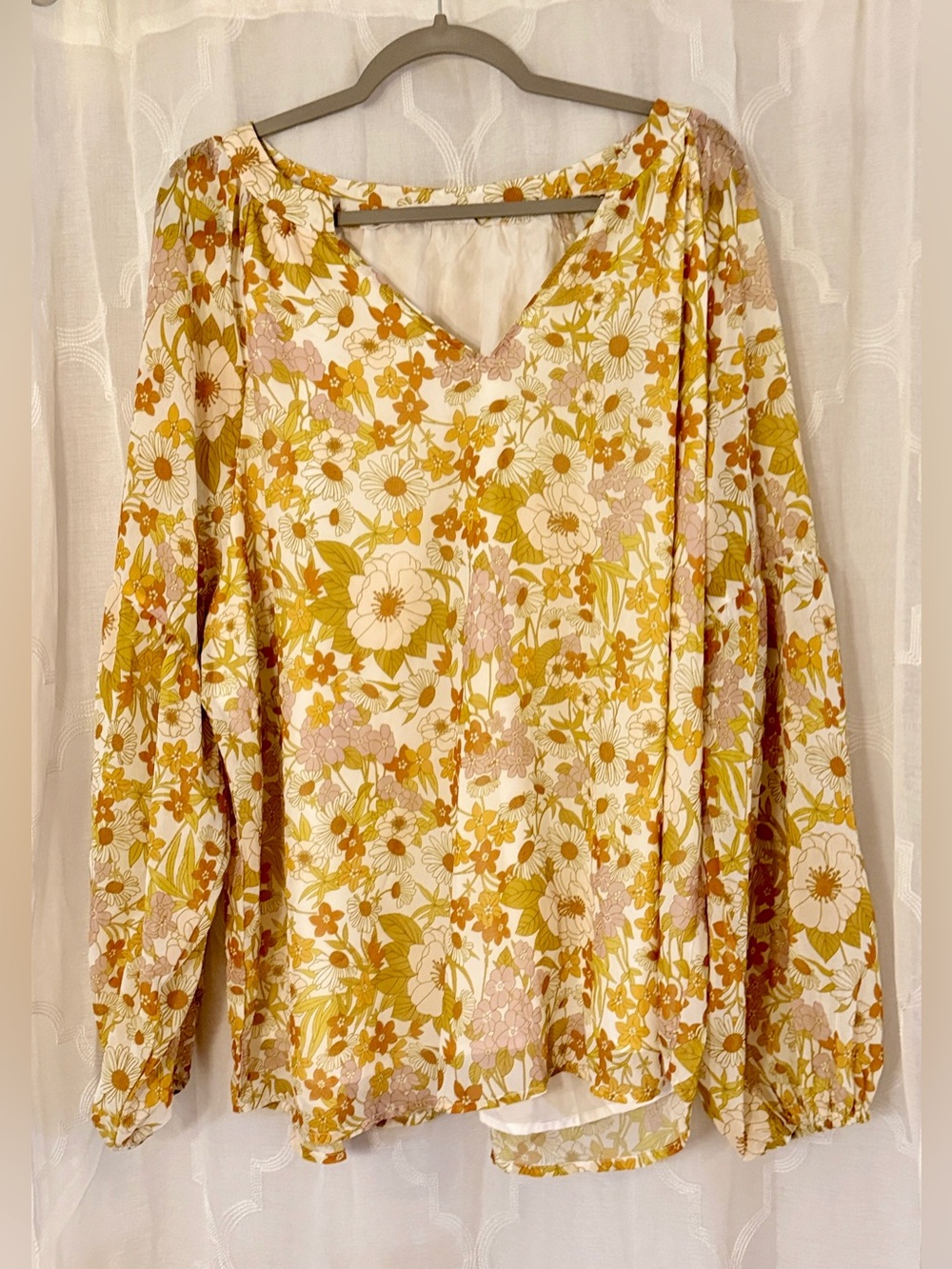 In’Voland 22W Mustard Yellow Floral Long Sleeve Blouse Plus Size